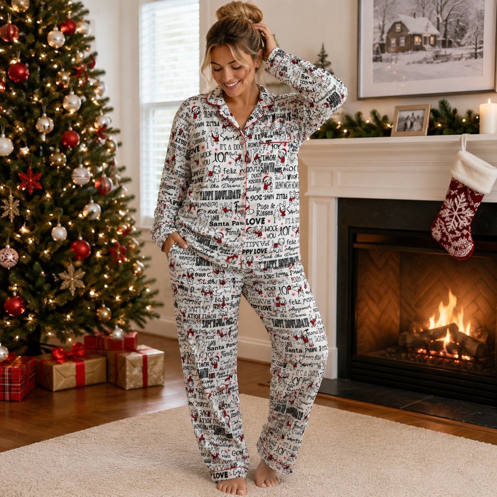 Karen Neuburger Pajama Set S Holiday Dogs Fleece Button Front Christmas